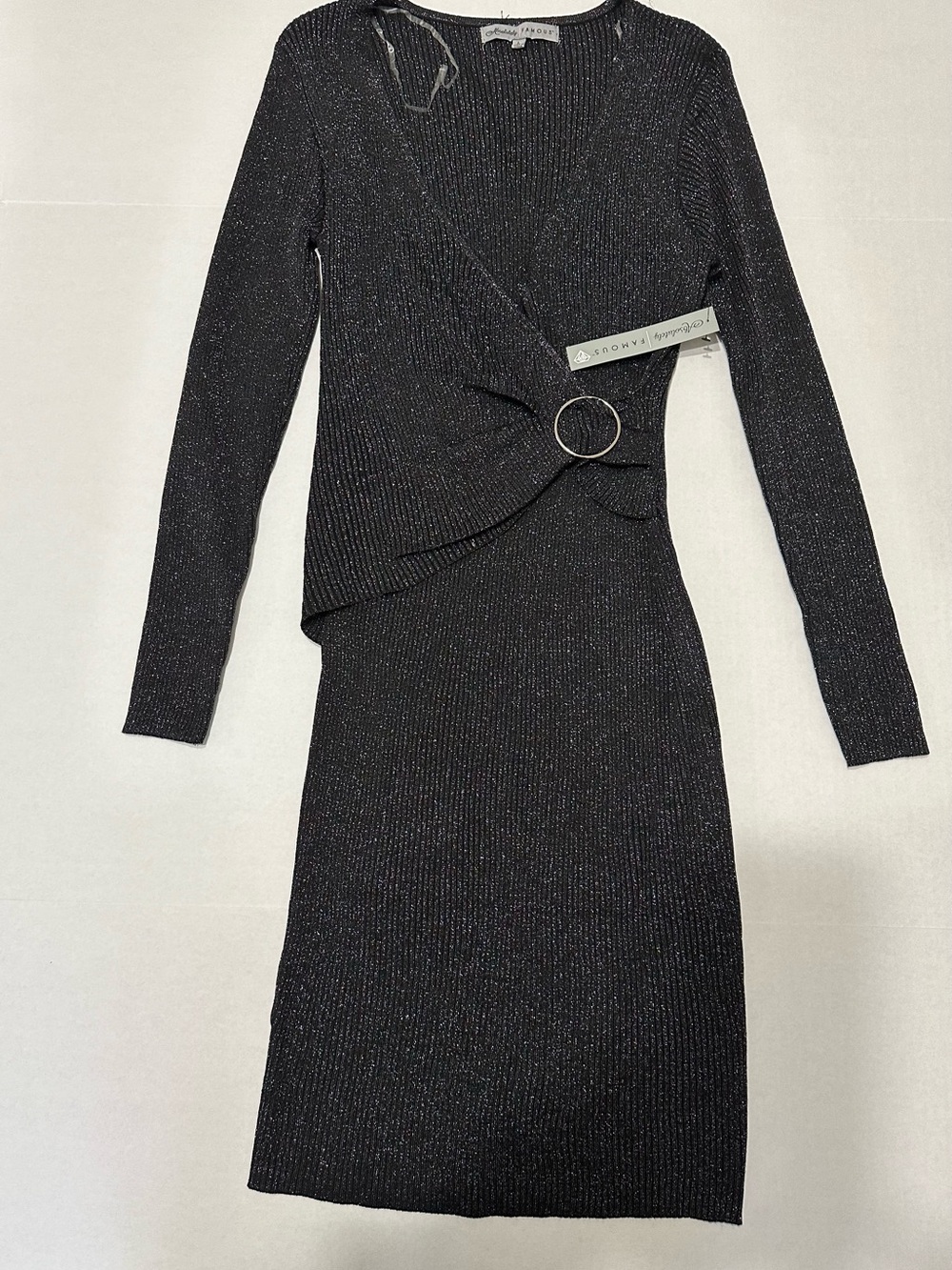 Absolutely Famous Black Metallic Long Sleeve Wrap Dress with Ring Accent, L